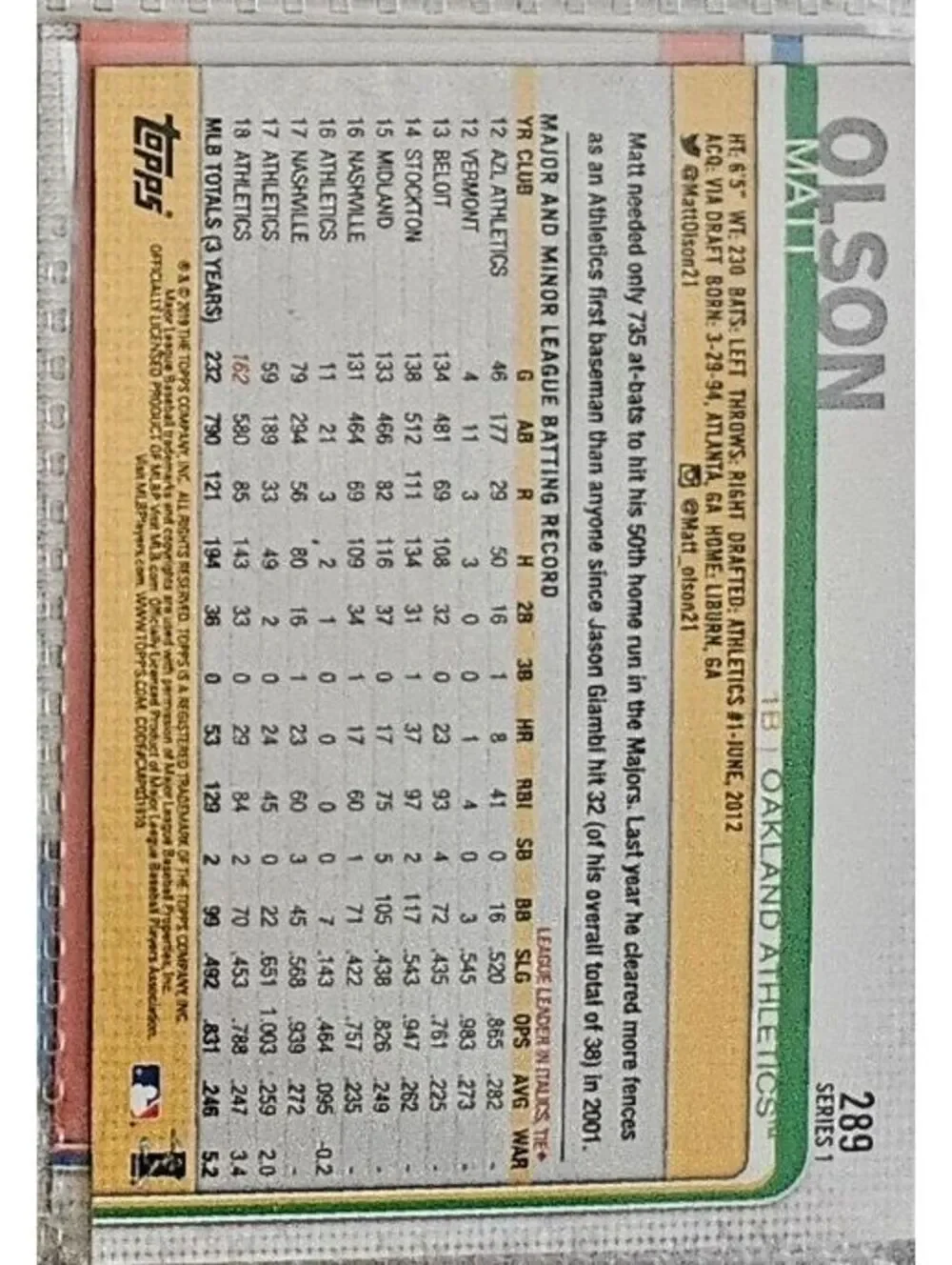 Matt Olson - 2019 Topps #289 -  Athletics - Picture 2 of 2